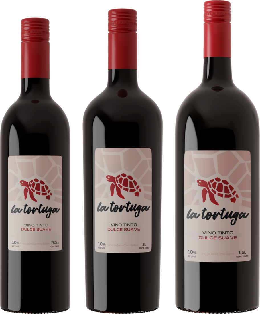 Botellas de vino La Tortuga en sus tres presentaciones: 750 ml, 1 litro y 1,5 litros